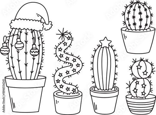 cactus christmas decoration set potted plants with santa hat and ornaments outline vector