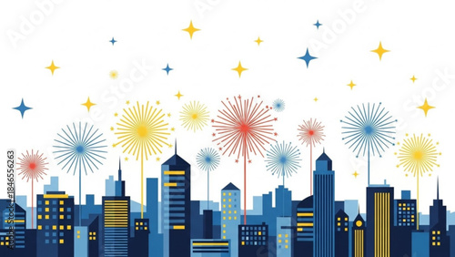 Cityscape Fireworks: A vibrant display of fireworks explodes above a cityscape silhouette, celebrating the night sky with bursts of color and light.