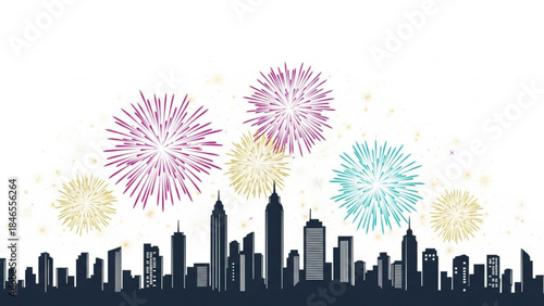 Fireworks Over Cityscape: Vivid fireworks burst above a stylized cityscape, illuminating the skyline with vibrant color and celebration.