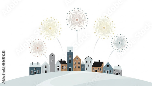 Celebration Over City: A quaint cityscape is illuminated by dazzling fireworks display, evoking feelings of joy and celebration. The scene portrays a tranquil and festive atmosphere.