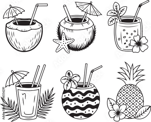 tropical cocktails and drinks with fruits and flowers outline vector transparent background