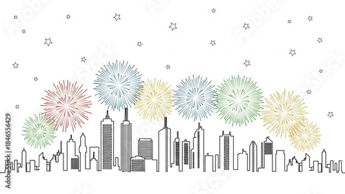 Fireworks over Skyline: A vibrant display of colorful fireworks illuminates the silhouette of a modern cityscape, against a backdrop of twinkling stars.