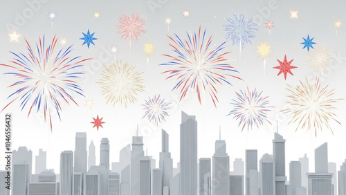 Skyline Spectacle: A vibrant tapestry of pyrotechnics illuminates the night sky above a cityscape, painting a scene of jubilation and celebration.