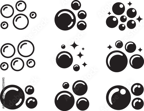 Collection of bubble icons, soap bubbles, effervescent spheres, refreshing liquids, clean and light, isolated on transparent background.