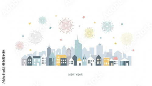 Celebratory Skyline: A vibrant illustration depicts a cityscape illuminated by festive fireworks. Perfect for conveying joy, optimism, and the start of a new chapter.