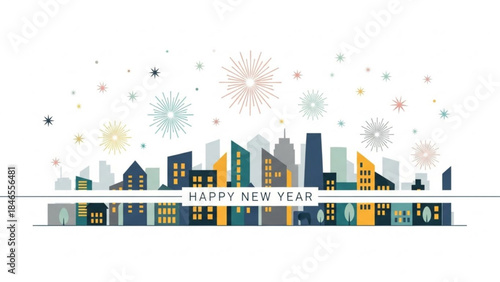 Happy New Year Cityscape Celebration: Festive fireworks light up the skyline as a city welcomes a fresh beginning, capturing the excitement and anticipation of new year.
