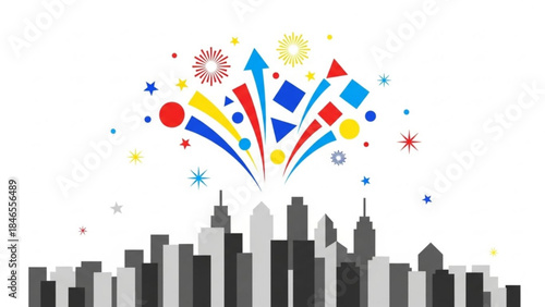 Cityscape Fireworks: A vibrant display of colorful fireworks erupts above a silhouetted city skyline, creating a celebratory atmosphere.