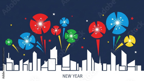 Fireworks over Cityscape: Capturing the vibrant New Year's celebrations with dazzling bursts of color illuminating the skyline, symbolizing hope and new beginnings. 