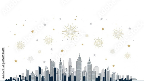 New York City Skyline Celebration: A stylized cityscape of iconic skyscrapers, adorned with festive starbursts, sets the stage for a celebratory atmosphere, evoking a sense of joy and festivity.