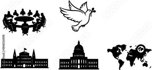 Minimalist Black Silhouette Icons Representing Global Diplomacy Peace Missions and International Government Leadership Summits.