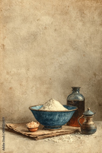 Vintage watercolor illustration of baking ingredients with flour bowl, salt and bottles, rustic kitchen still life on textured antique paper background