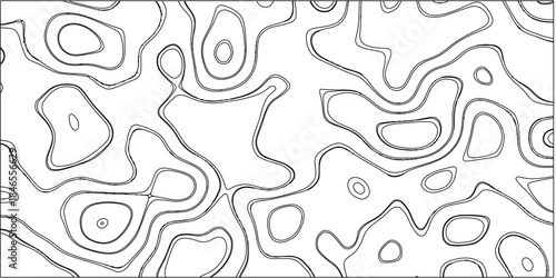 Black and white abstract topographic contour lines forming an intricate and organic pattern across a clean white background