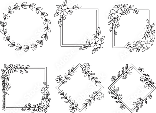 Floral frames and borders elegant hand drawn outlines of circular square and diamond shapes adorned with flowers and leaves