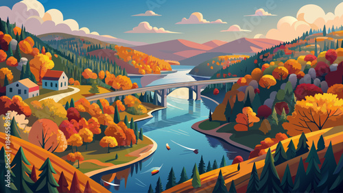 Very beautiful aerial panorama of Cheat Lake surrounded by vibrant autumn foliage, Old Cheat Road bridge crossing calm water, seasonal harmony, and scenic depth illustrated in vector style.