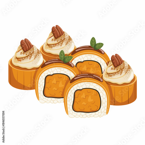 Pumpkin pie dessert sushi rolls vector on white background – Perfect for creative food concepts, unique holiday recipes, or modern culinary blogs.