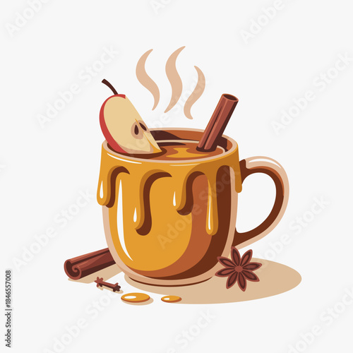 Cozy caramel apple cider vector with steam and fall spices – Suitable for thanksgiving drink menus, recipe cards, or harvest festival promotions.