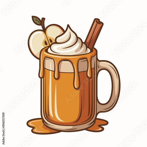 Warm apple cider vector with caramel drizzle and cinnamon stick – Ideal for holiday drink recipes, autumn promotions, or cafe graphic design.