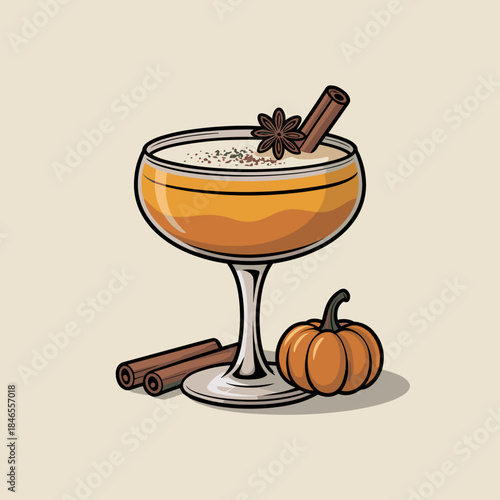 Layered pumpkin cocktail vector with cinnamon stick and star anise – Ideal for beverage branding, autumn holiday greetings, or digital menu design.