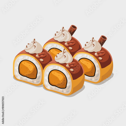 Clean vector pumpkin dessert sushi rolls with candied pecan garnish – Great for unique food advertising, graphic assets, or holiday recipe collections.