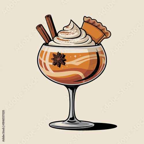 Rich autumn pumpkin pie cocktail vector illustration with spice garnish – Great for seasonal event marketing, food packaging, or website graphics.