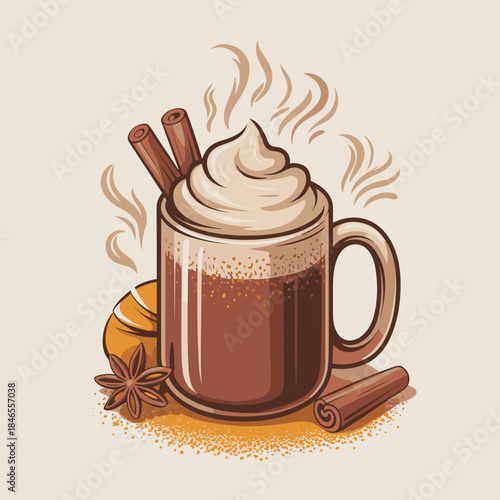 Steaming spiced hot chocolate mug vector for Thanksgiving – Perfect for holiday greeting cards, cozy cafe promotions, or winter drink menus.