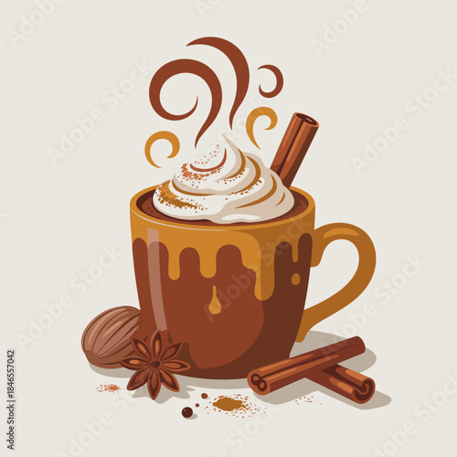 Flat design spiced hot chocolate vector with autumn spices – Great for modern holiday flyers, Thanksgiving digital ads, or food and drink applications.