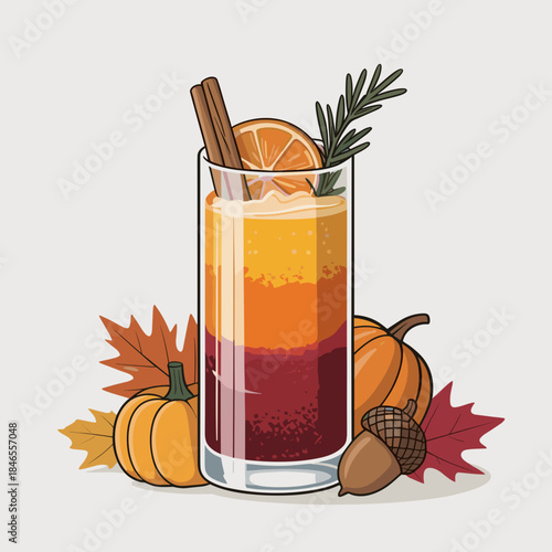 Elegant layered mocktail vector with fall colors and rosemary garnish – Suitable for holiday hosting guides, healthy drink promotions, or festive website headers.
