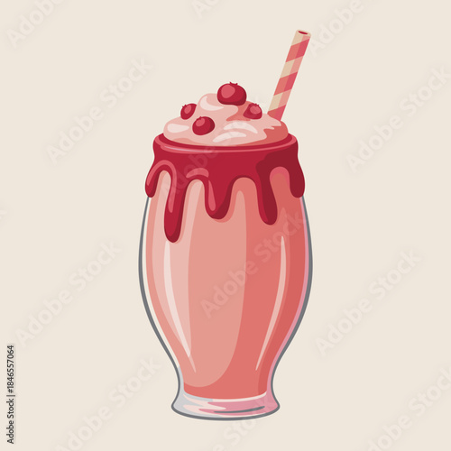 Tall glass cranberry milkshake vector on light background – Suitable for modern dessert recipes, holiday-themed advertisements, or seasonal print materials.