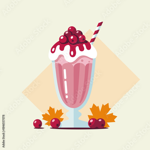 Classic cranberry milkshake vector with striped straw – Ideal for retro diner themes, holiday family promotions, or festive food and beverage design.