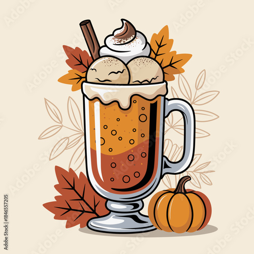 Thanksgiving Pumpkin Ice Cream Float Vector Graphic – Great for festive celebrations, dessert concepts, or fall marketing.