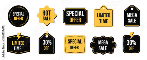 Sale tags collection. Special offer, limited time, mega sale banner set. Sticker, badge, coupon, store. Vector Illustration.