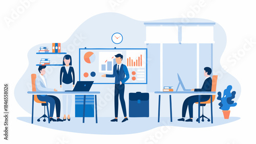 Business team collaborating in modern office with presentation