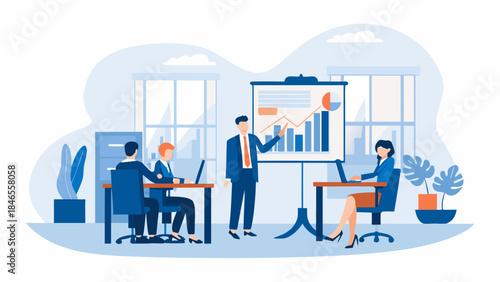 Business team collaborating on project in modern office setting