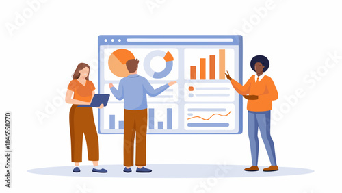 Diverse team analyzing business data on large screen display