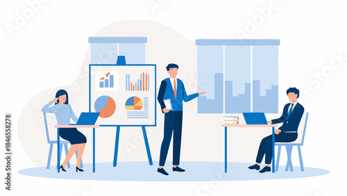 Business team collaborating on data analysis in modern office