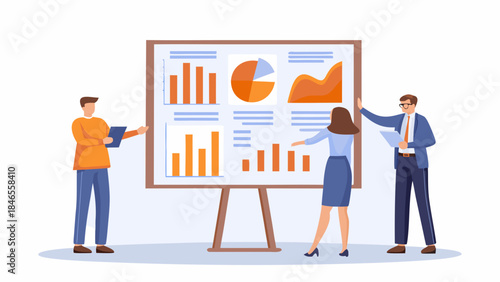 Business team analyzing data on presentation board in office