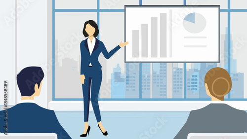 Businesswoman presenting data on screen to colleagues in modern office