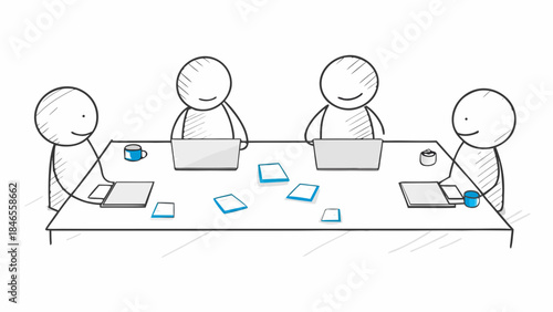 Team of happy colleagues working together on laptops in meeting