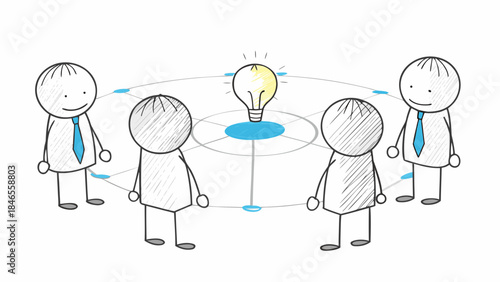 Business team brainstorming around innovative idea light bulb