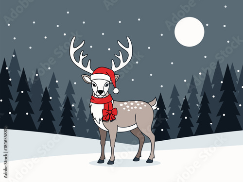 A majestic reindeer wearing a Santa hat and a red scarf stands in a snowy forest under a full moon.