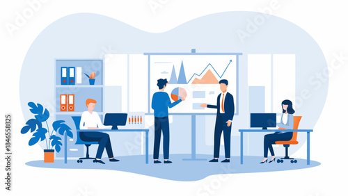 Business team collaborating on project in modern office setting