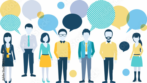 Diverse group of people communicating with colorful speech bubbles
