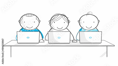 Three happy children working on laptops together at a table