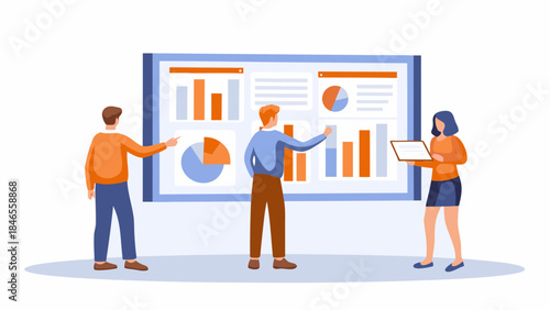 Business team analyzing data on large presentation board together