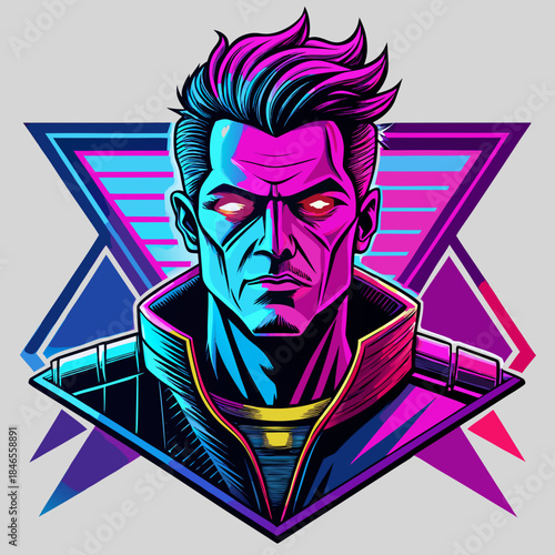 Vibrant futuristic character with neon colors and geometric background