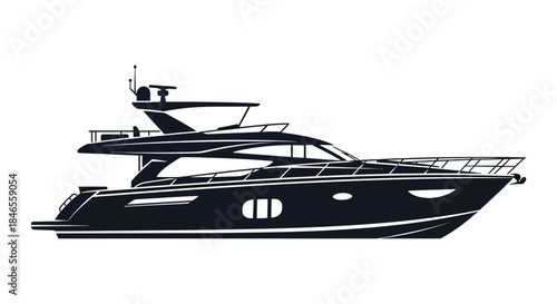 A sleek modern yacht presented in a striking black and white silhouette