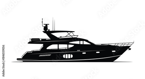 A sleek modern yacht depicted in a striking black and white silhouette