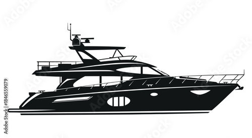 Detailed black and white illustration of a luxury yacht with a sleek design silhouette