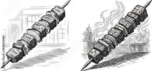 Turkish Kebab Etching Engraving Style Vector Icon Set Isolated Traditional Grilled Meat Food Illustration