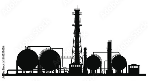 a stark industrial complex with towering structures and rounded tanks presented as a silhouette